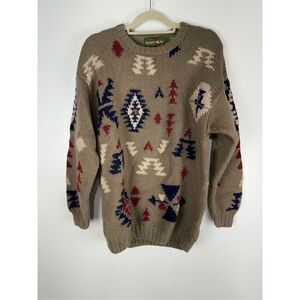 Outback Men’s Southwestern Aztec Print Wool Knit Sweater Beige Size Medium